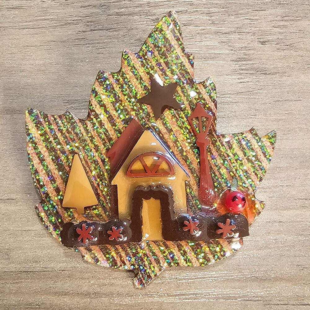 Rare Vintage Lucinda Glitter Maple Leaf Autumn Vibes House Pin Brooch